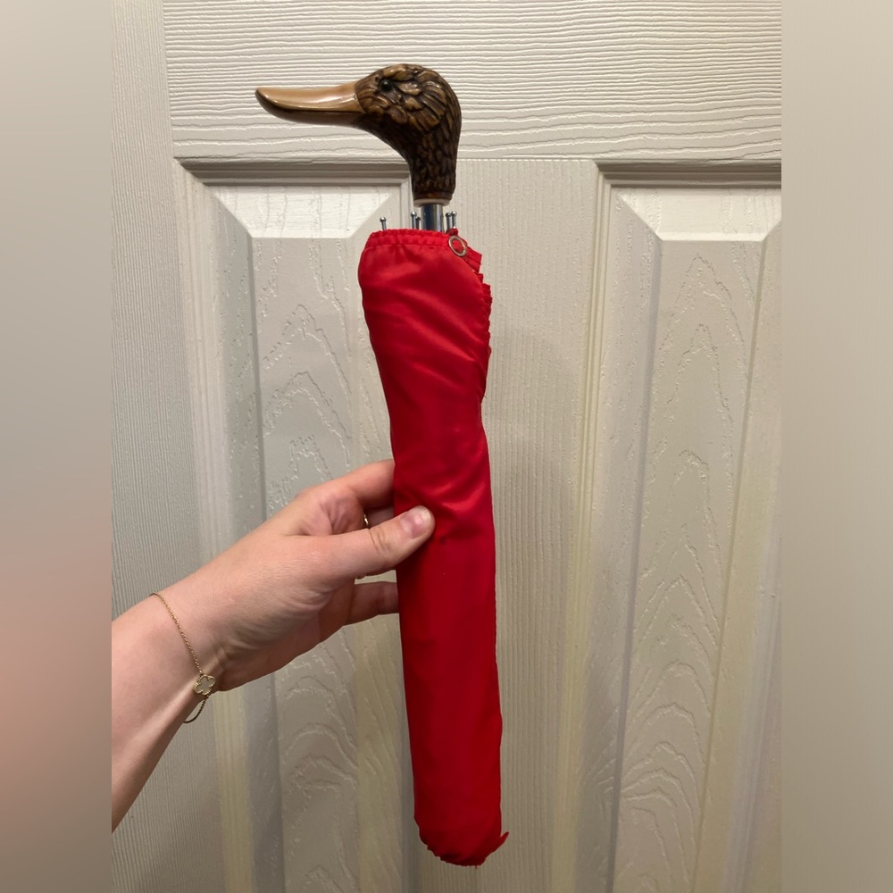 Vintage Wooden Duck Handle Red Umbrella